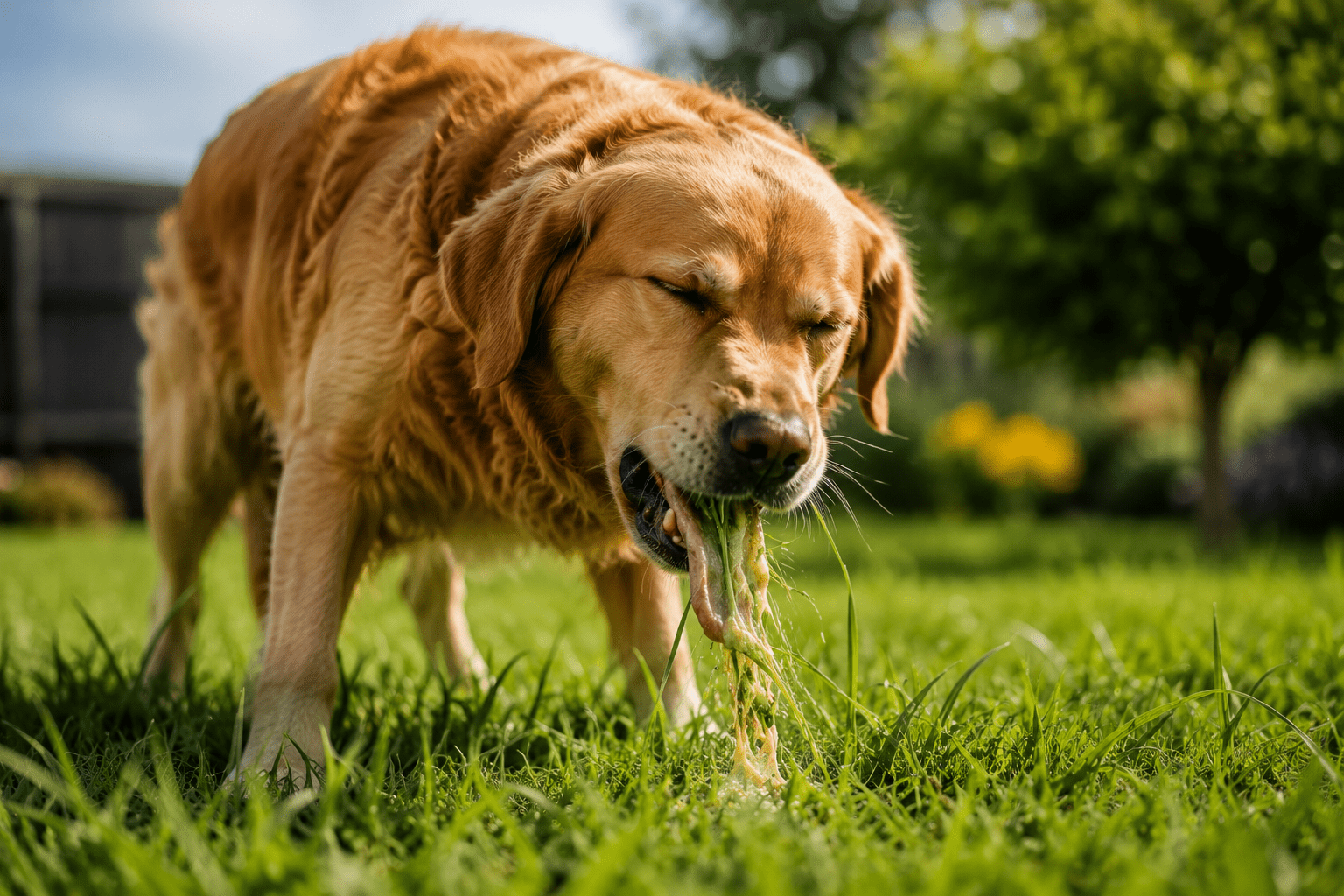 dog eating grass and vomiting